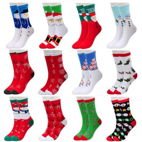 Vertvie 12 Paar Unisex Weihnachtssocken Christmas Socks Weihnachtsmotiv Weihnachten Festlicher Baumwolle Socken Mix Design für Damen und Herren (Einheitsgröße, 12er Pack03)