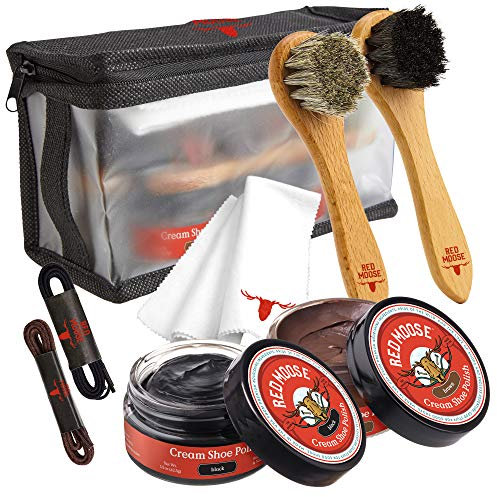 RED MOOSE 7pc Full Leather Shoe Polish Kit – 2x Brush, Buffing Cloth, Travel Case, Laces Multicolored Size: Standard