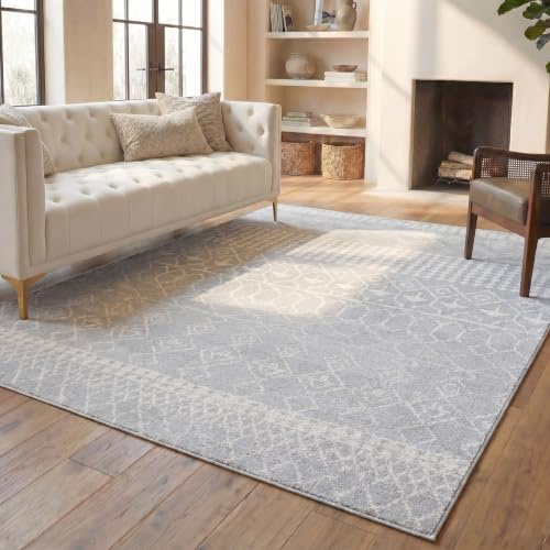 SAFAVIEH Boho Teppich für Wohnzimmer, Esszimmer, Schlafzimmer - Tulum Collection, Kurzer Flor, Hellgrau und Elfenbein, 183 X 274 cm
