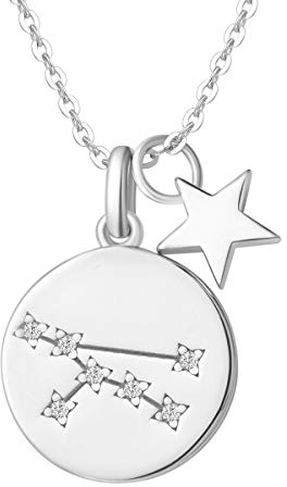 FANCIME Stier Sternzeichen Kette aus Solide 925 Sterling Silber mit Weiß Vergoldet Anhänger Halskette Einfach Minimalistisch Geschenk Schmuck für Damen Mädchen - Verstellbar Kettenlänge: 40 + 5 cm