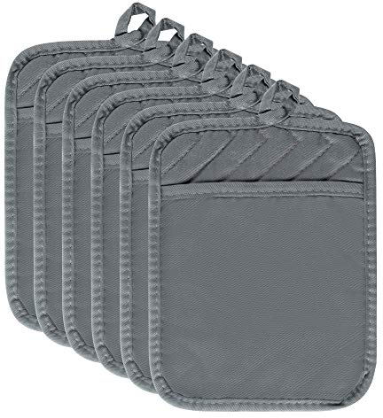 R HORSE 6Pcs Pot Holder with Pocket Grey Cotton Pocket Pot Holder Set for Kitchen Heat Resistant Potholder Terry Cloth Coaster Kitchen Hot Pad Oven Mitts Pads Trivet for Baking Cooking 7''x9''