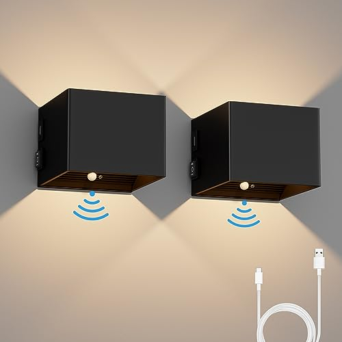 K-Bright Akku Wandleuchte mit Bewegungsmelder Innen LED Wandlampe Batteriebetrieben mit Schalter,5W USB Aufladbare Wandbeleuchtung Magnetische Flurlampe, für Schlafzimmer Wohnzimmer Treppe (Schwarz)