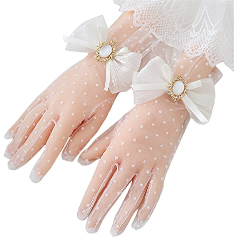 COSDREAMER Damen Handschuhe, gepunktet, dünne Spitze, Schleife, Handschuhe, weiß, Einheitsgröße