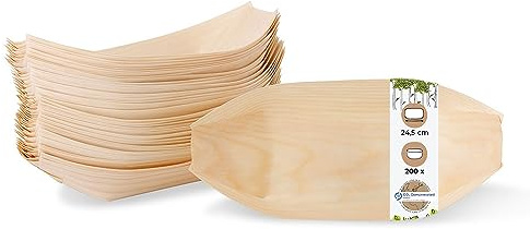 BIOZOYG 200x Buffet Snackschalen Holz 24,5 cm, Alternative zu Bambus | Naturbelassene Kiefernholz-Schälchen für Fingerfood, Snacks & Sushi - Eyecatcher bei Gartenfest & Grillfeier