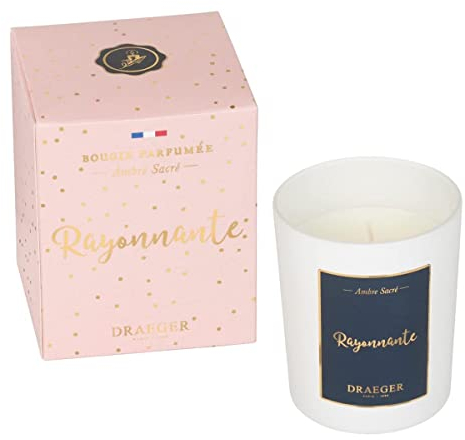 DRAEGER PARIS - Bougie Cadeau Blanche Parfumée Ambre Sacré Rayonnante - Idée Cadeau Amitié, Joie - Pot en verre - Made in France - 100% Cire Végétale - 40h de combustion