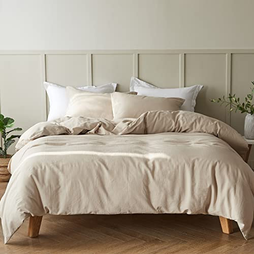 Simple&Opulence King Duvet Cover with 2 Pillowcases,Soft Cotton Linen Duvet Cover,King Size Bedding Set with Button Closure,Hypoallergenic Luxurious Breathable Quilt Cover Set,230x220 cm,Beige