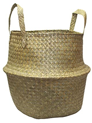 Muddy Hands Seagrass Belly Basket with Handles Natural Woven Foldable Laundry Storage Bag Planter Plant Pot Cover Holder (Medium - 23x32cm)
