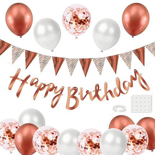 BEKOIUP Luftballons Geburtstag Dekoration Set, Roségold Weiß Happy Birthday Girlande deko Geburtstagsdeko Banner Party Deko Geburtstag Set mit Roségold Luftballons Konfetti Ballons Dreiecksflaggen
