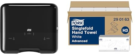 Tork Zickzack Papierhandtücher Advanced 290163 - H3 Falthandtücher, 2-lagig, weiß & 553108 Mini Spender für H3 Zickzack und Lagenfalz Handtücher / für hygienische Einzeltuchentnahme in Schwarz