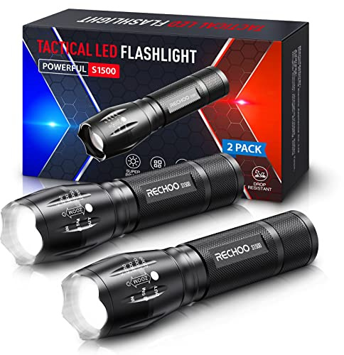 RECHOO Lot de 2 lampes de poche tactiques à LED zoomables haute luminosité avec 5 modes, petite lampe torche portable pour urgence, camping et utilisation en extérieur