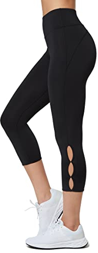 Yvette 3/4 Sport Leggings Damen Hollow-Out Capri Sporthose Bauchkontrolle Blickdicht Leggins Schwarz,S