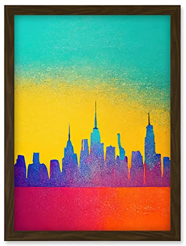 Wee Blue Coo Bright Colourful Abstract New York Skyline Cityscape Yellow Blue Coral Turquoise Artwork Framed Wall Art Print A4