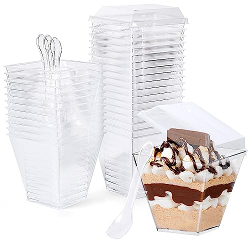 30 Pcs Dessert Cups with Lids, 240ml/8.4oz Square Dessert Cups Set, Reusable Plastic Dessert Pots for Dessert Pudding Mousse Ice Cream Cheesecake