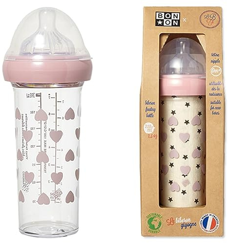 Le Biberon Français - Biberon Anti-Coliques Premium 210ml à Col Large 0 à 6 Mois - Idéal Allaitement - Bébé Fille - Léger et Durable - Tétine S à 3 Débits en Silicone Pur - BPA BPS BPF Free
