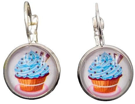 Stechschmuck Ohrringe Ohrhänger Handmade Brisuren Cupcake Muffin Kuchen Blau Rockabilly Silber Farben Damen Kitsch Kawaii 1 Paar Größe Wählbar (Brisuren 12mm)