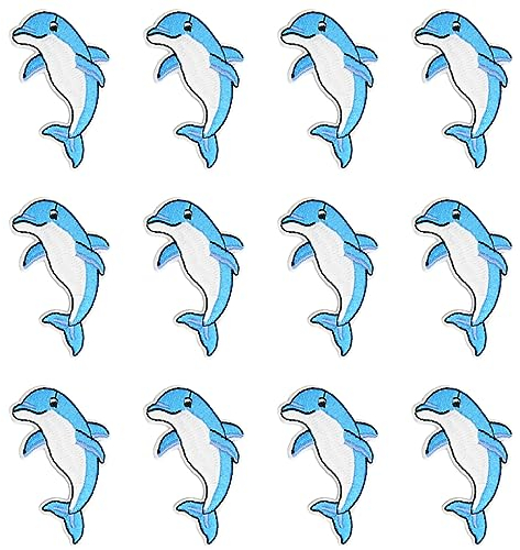 JKJF 12 Stück Delphin Patches Delfin Aufbügeln Bügelbild Dolphin Aufnäher Applikation Meerestiere Stickerei Patches für Kleidung Rucksack Schuhe Jacke Jeans Hut Kleid