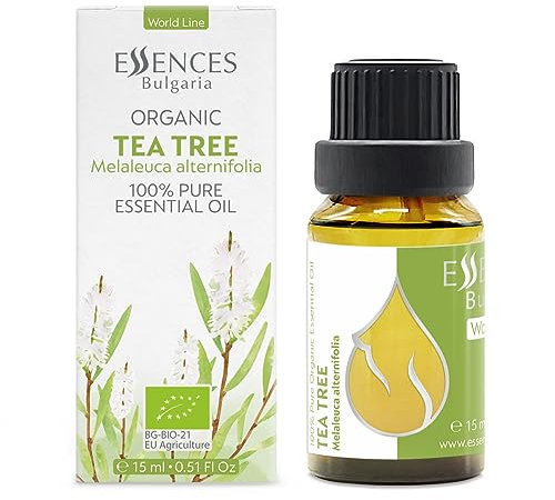 Essences Bulgaria Organic Tea Tree Essential Oil 15ml Melaleuca Alternifolia - 100% Pure and Natural Undiluted for Toenail Fungus, Dandruff Itchy Scalp Acne Skin Issues Aromatherapy Diffuser