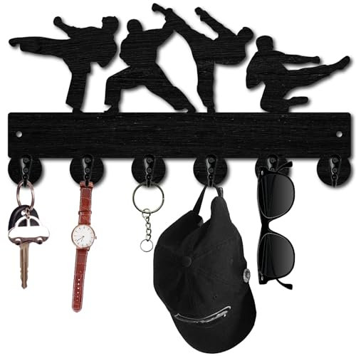 CREATCABIN Taekwondo Portachiavi per Montaggio A Parete Gancio Portachiavi Karate Portachiavi con 6 Gancio Portachiavi in Legno Appeso Organizer Rack Gancio Decorativo da Parete per Borsa 30x16cm