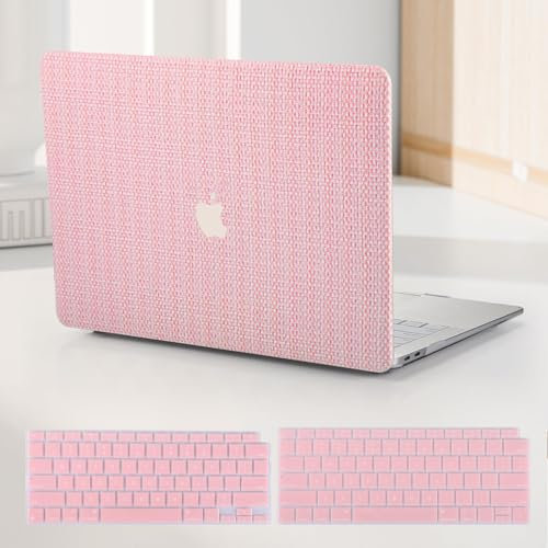 BYCeKe Kompatibel mit MacBook Pro 13 Zoll Hülle M2 2024-2016 A2338 M1 A2251 A2289 A2159 A1989 A1708 A1706 Touch Bar,Gewebtes strukturiertes Leder HartschalenHülle & Tastaturabckung,Rosa