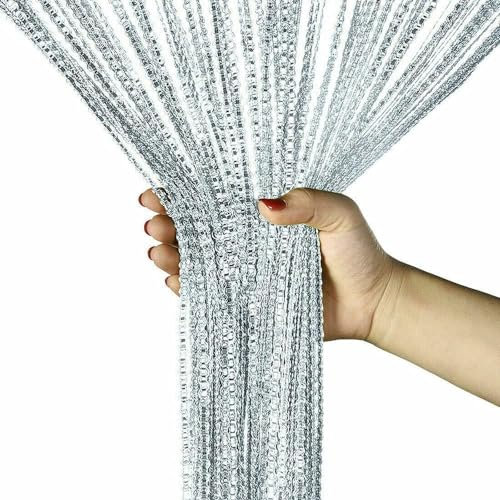 String Curtain Panels Door Fly Screen Room Divider Net Hanging Glitter Curtains,Decorative Tassel Ribbon Strip Silver Screen for Living room,Bedroom,Party Events (Grey, 39 x 79)