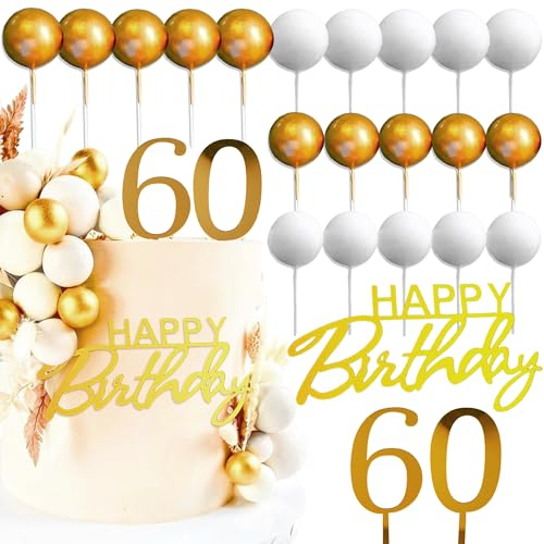 JeVenis White Gold Happy 60th Birthday Cake Topper with Balls and Sign for Party Supplies
