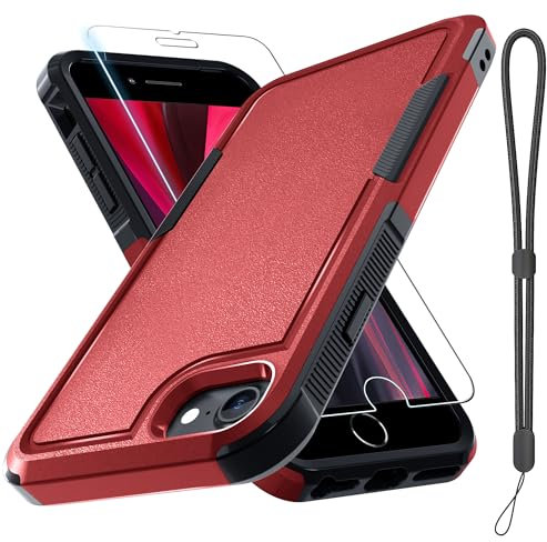 RMOCR for iPhone 8/7/SE Case with Screen Protector and Camera Lens Cover,Military Grade Heavy Duty Shockproof Phone Cover with Wrist Lanyard Strap for iPhone 8/7/SE 4.7 inch,Red