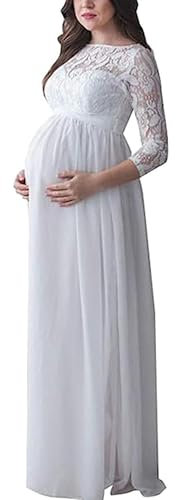 Fiacafyo Maternity Dress for Photography Solid Color Lace Off Shoulder Chiffon Gown Split Front Maxi Pregnancy Dresses for Photoshoot (A-White, M)
