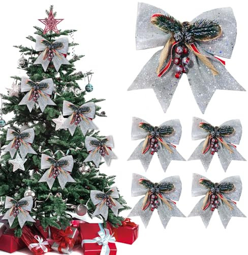 SilverChry Weihnachtsschleifen Silber – 5er-Pack Glitzer Weihnachten Schleifen, Schleifen Weihnachten Deko mit Tannenzapfen, Geschenkschleifen für Weihnachtsbäume, Partys, Geschenkboxen