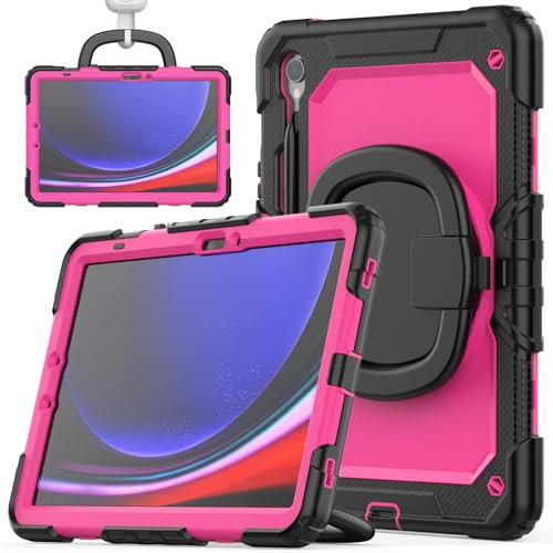 Funda Anticaída para Samsung Galaxy Tab S9 FE 10,9 Pulgadas/Tab S9 11 Pulgadas 2023, Funda Robusta y Resistente a los Golpes con Portalápices, Soporte Giratorio, Correa de Mano, B-Rosa Roja