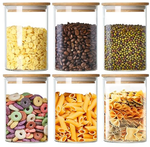 MESNEY 6 Pack 1000ml Glass Food Storage Jars with Bamboo Lids – Airtight Cylindrical Containers for Kitchen and Pantry – Eco-Friendly Clear Glass Jars for Dry Food, Pasta, Coffee, Snacks, and More