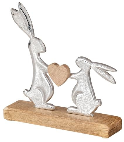 levandeo Osterhase Tischdeko Mangoholz Metall Braun Silber Natur Herz Ostern Deko Figur Frühlingsdeko Dekohase Hase auf Sockel