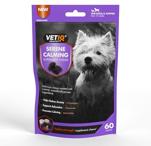 VETIQ Serene Calming Dog & Puppy Anxiety Supplement Chews (60 Servings) | L-Tryptophan Calms Anxiety Naturally. Chamomile & Lemon Balm Promote Relaxation. Tasty Roasted Meat Chew