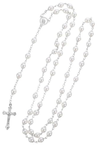 DWFEYOI Rosario católico, rosario para comunión con cruz retro, elegante cruz, bautizo, comunión, boda, comunión, fiesta (Blanco)