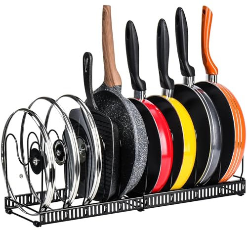 FANFX Pots and Pans Organiser, Expandable Pans Organiser Rack with 10 Adjustable Dividers, Kitchen Cupboard Storage for Pots, Pans, Chopping Board, Baking Trays, Kitchen Accessories(Black)