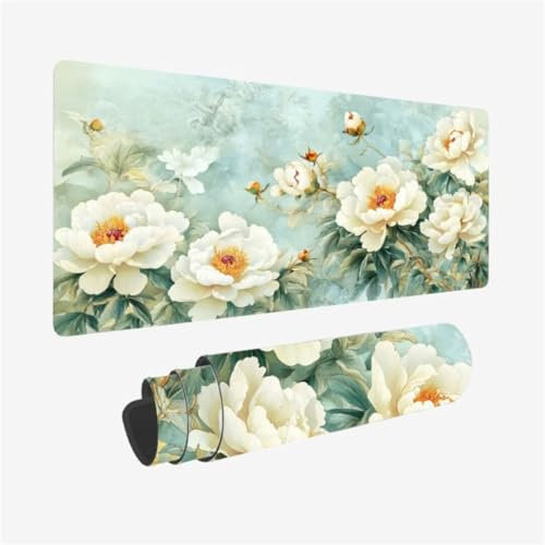Gaming Mouse Pad White Mouse Mat Peony Desk Mat Large 1500x800mm XXL Mousepad Gaming Accessories for Improve Accuracy and Speed, Stitched Edges, Non Slip Rubber Base, Waterproof, Gamer Gifts,Model107