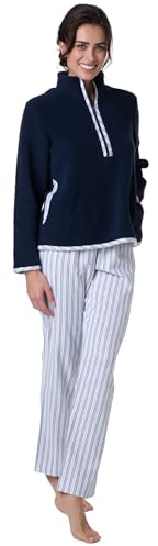 Lovable Completo Homewear in Pelliccetta e Flanella con Casacca Oversize e Pantalone in Cotone | Ideale per l'inverno | Donna, Blu Scuro 3 - M