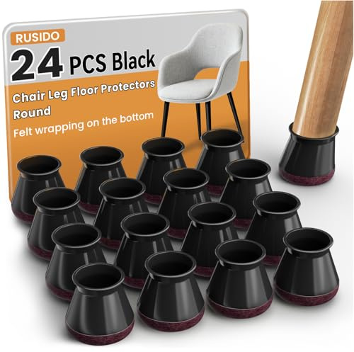 RUSIDO 24 Stuhlbeinkappen Schwarz Silikon,filzgleiter für stühle,Rund Stuhlbeinschoner Schützen sie den Boden vor Kratzern,für gerade und schräge Stuhlbeine,Geringeres Rauschen (L Fit: 30-40mm)