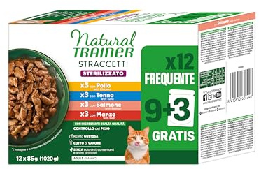Natural Trainer Straccetti Cibo Umido per Gatti Adulti Sterilizzati - Bocconcini in salsa Multipack (Pollo, Tonno, Salmone, Manzo) 12 x 85g