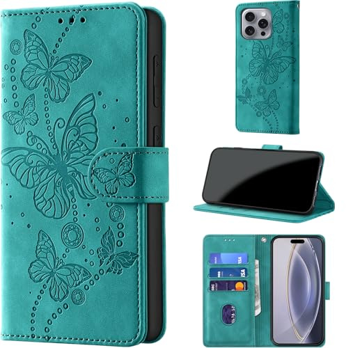for iPhone 16 Pro Max Wallet Case Flip, Turquoise | RFID Blocking, 3 Card Holder Stand, Shockproof TPU Shell, PU Leather Magnetic Closure