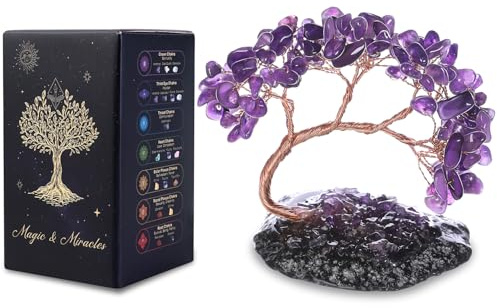 MAGIC AND MIRACLES Amethyst Arbre de Vie en Cristal Naturel 108 Pierres Feng Shui Chakra Reiki Arbre Bonsaï Énergie Décoration Maison Bureau Cadeau Spirituel Base Pierre Irrégulière 8-11 cm