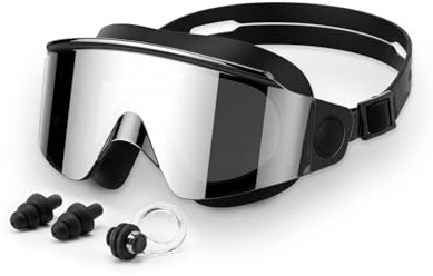 Lunettes Piscine Adulte Vision Large 180°, Anti-Buée, Protection UV, Silicone Souple Étanche, Ajustement Rapide, Lunettes Natation Homme Femme avec Bouchons d’Oreilles et Pince-Nez, Verres Gris