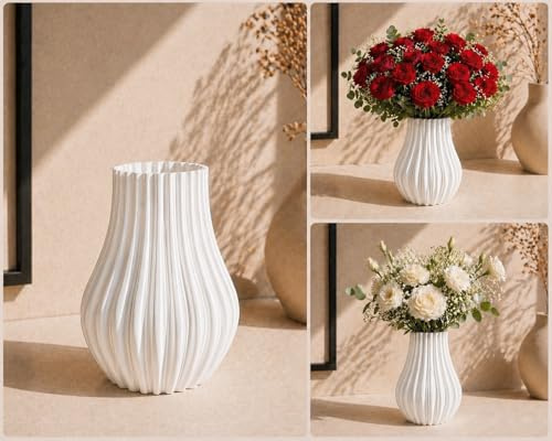 Moderne Vase Weiß – 3D Gedruckt aus PLA Biokunststoff, Wasserdicht – Minimalistische Design für frische & Trockenblumen (22cm)
