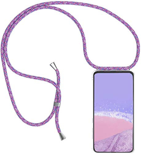 HomiTunky Funda de movil con Cuerda para Colgar Xiaomi Redmi Note 9, Carcasa Transparente TPU Suave Silicona Case con Correa Colgante Ajustable Cuerda Correa de Cuello Cadena Cordón, Púrpura