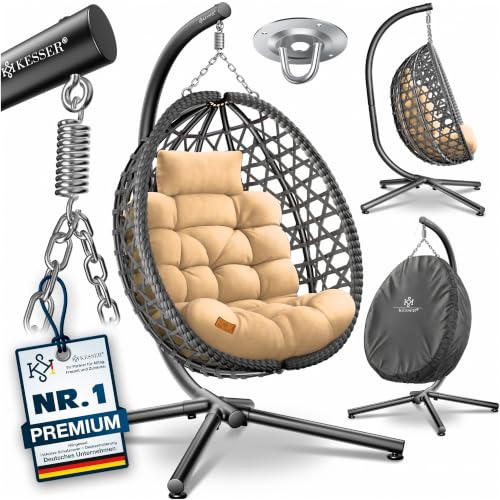 KESSER® Hängesessel mit Gestell Outdoor Indoor Schaukelstuhl Polyrattan 360° 150kg Tragkraft inkl. Polsterkissen & 2in1 Deckenhalterung + Cover – Relaxschaukel - Garten, Balkon, Terrasse, Beige