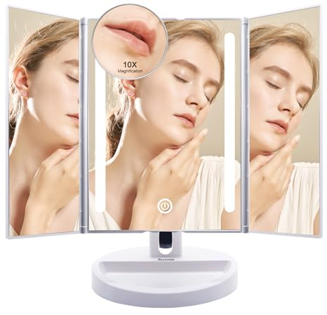 Auxmir Vanity Makeup Mirror with 20 LED Lights, 10X/1X Magnifying Mirror with Touch Screen, Stepless Dimmable Brightness Adjustable Trifold Mirror, Dual Power 180° Rotation Cosmetic Vanity Mirror