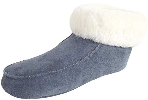 Fellhof handgemachter Hüttenpatschen aus Lammfell Hausschuh Damen Herren Unisex gefüttert Winter-Sommer Hausschuhe Naturprodukt atmungsaktiv (blaugrau Gr. 42)