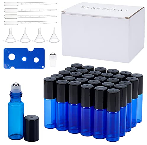 BENECREAT 30PCS Bouteilles à rouleaux en verre bleu cobalt de 5 ml Bouteille à rouleaux à huile essentielle avec billes en acier inoxydable, pipettes 10PCS et entonnoir 4PCS pour huiles
