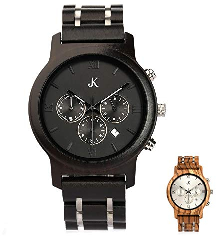 Kim Johanson Herren Holz-Edelstahl Armbanduhr *Air Force* in Hellbraun & Dunkelbraun Chronograph mit Einem Gliederarmband Handgefertigt Quarz Analog Uhr inkl. Geschenkbox (Dunkelbraun)