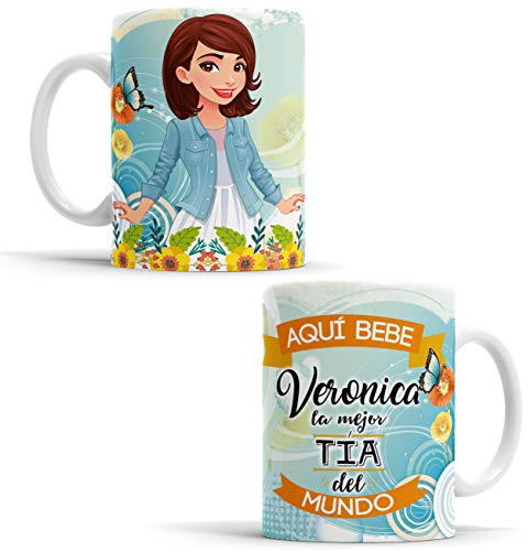 OyC Original y Creativo Taza Aquí Bebe la Mejor Tía del Mundo - Super Tía Con Frase y Dibujo Personalizada Con Nombre