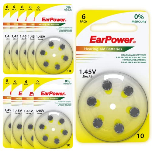 60 Piles Auditives EarPower Taille 10 / A10 (Lot de 10 Plaquettes) - pour Appareils Auditifs/Aides Auditives - sans Mercure - Voltage 1.45V / PR70 / Premium Zinc AIR / A10 / P10 /